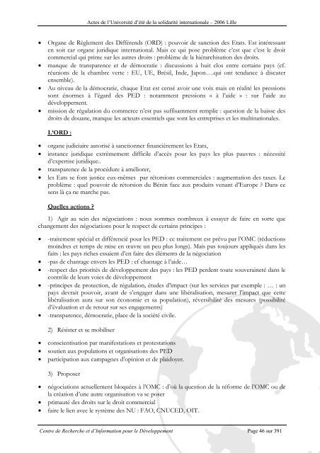 Actes de l'Universitéd'été de la solidarité internationale - Crid