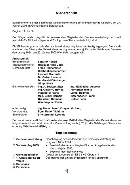 Niederschrift 1) - Marktgemeinde Oberalm