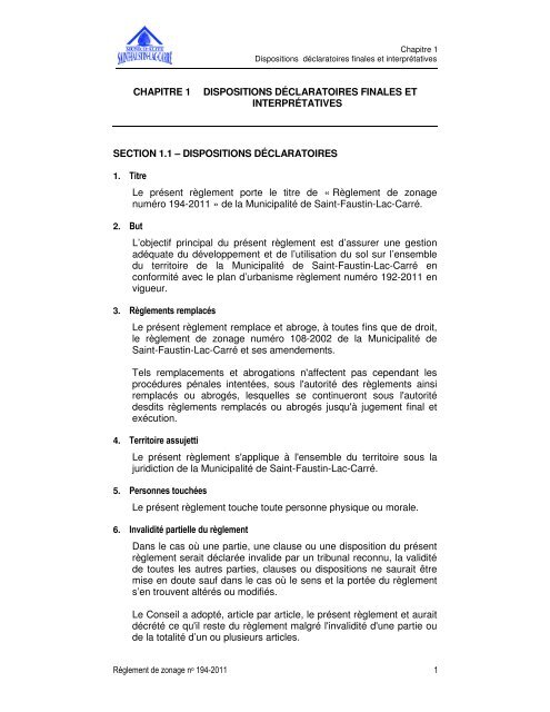 Règlement 194-2011 / Zonage - Saint-Faustin-Lac-Carré