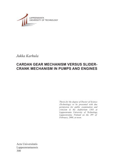 Cardan Gear Mechanism Versus Slider Doria