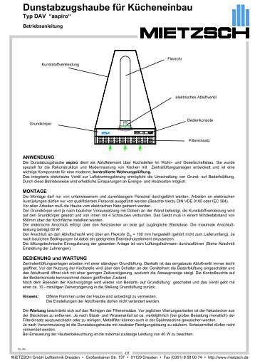 Dunstabzugshaube für Kücheneinbau - Mietzsch GmbH Lufttechnik ...