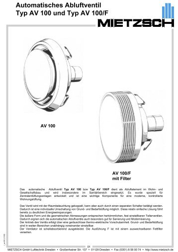 Automatisches Abluftventil Typ AV 100 und Typ AV 100/F