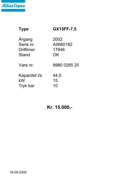 Type GA15P-10 - Atlas Copco Kompressorteknik A/S