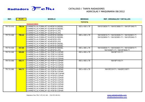 catalogo / tarifa radiadores agricola y maquinaria - Radiadores Feliu