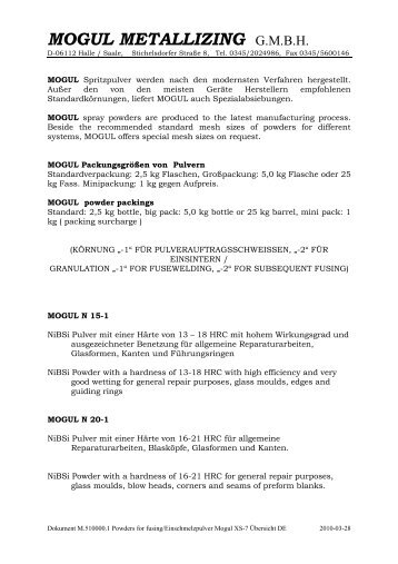 M.510000.1 Warmspritzpulver Übersicht DE - Mogul Metallizing