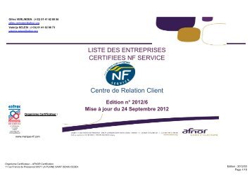 Liste des centres de relation client certifies - Marque NF