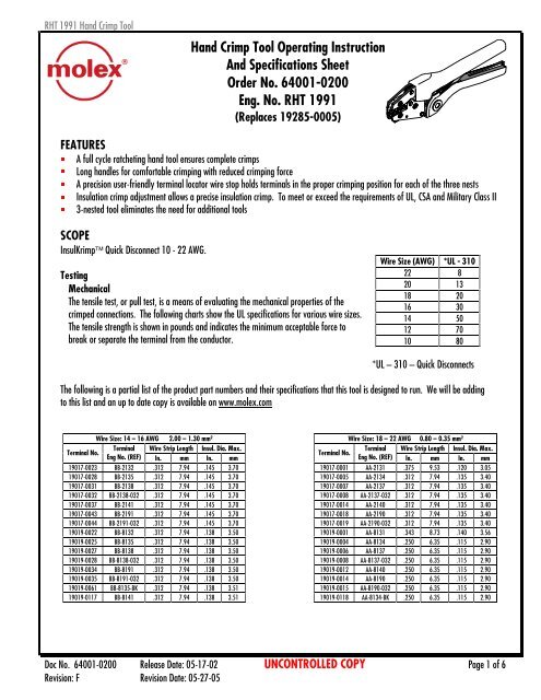 Hand Crimp Tool Operating Instruction And Specifications Sheet ...