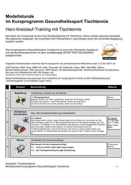 Modellstunde im Kursprogramm Gesundheitssport Tischtennis Herz ...