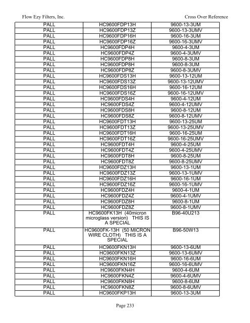 manufacturer part number to cross - Flow Ezy Filters