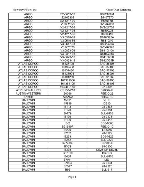 manufacturer part number to cross - Flow Ezy Filters