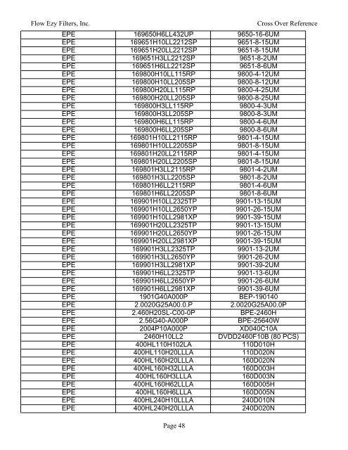 manufacturer part number to cross - Flow Ezy Filters