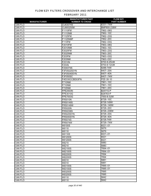 Flow ezy filters crossover and interchange list