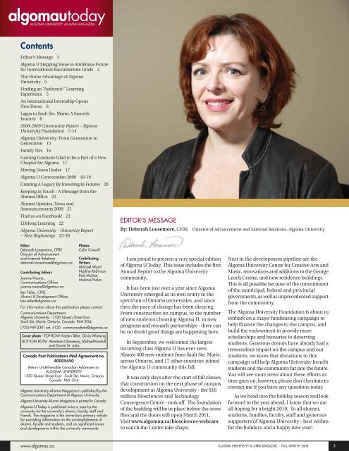 AU alumni mag Fall-Wint 09 - Algoma University