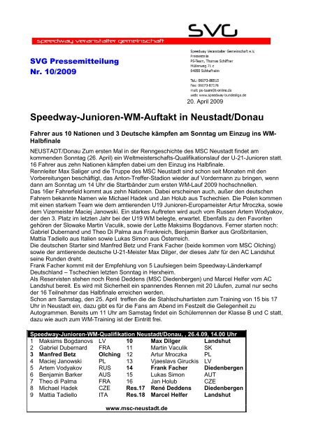 Speedway-Junioren-WM-Auftakt in Neustadt/Donau - Bahnsport Bilder