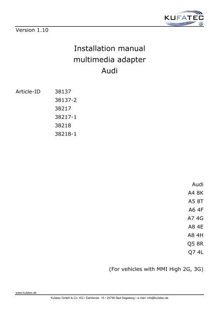 Installation manual multimedia adapter Audi - IMA-Box