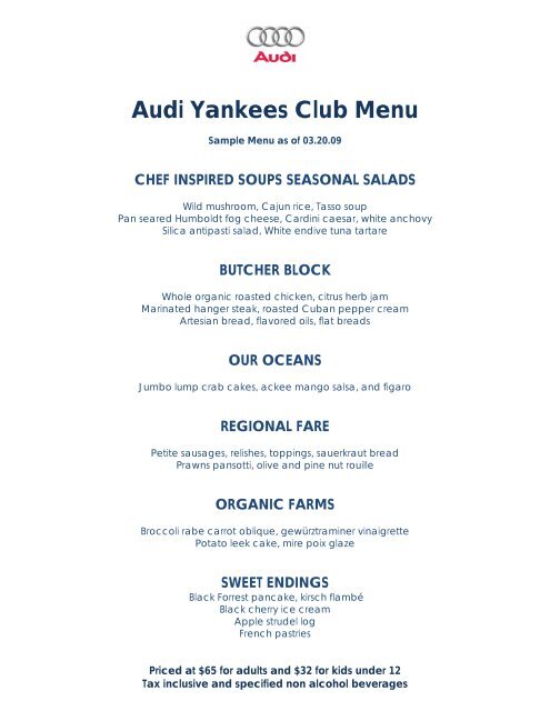 Audi Yankees Club Menu