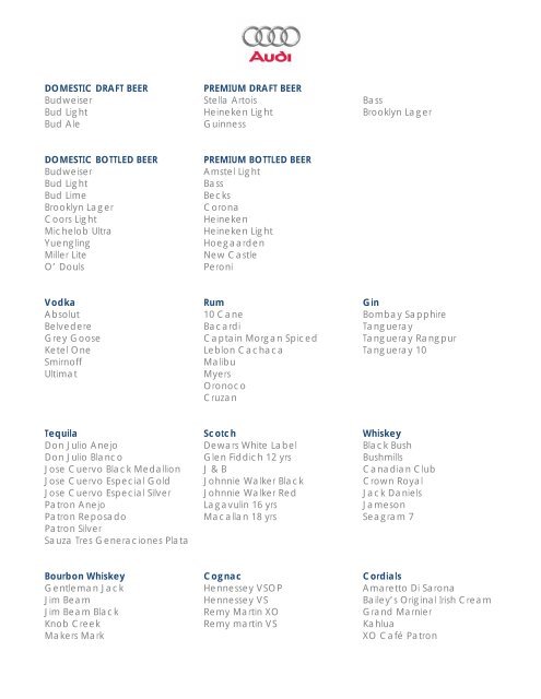 Audi Yankees Club Menu