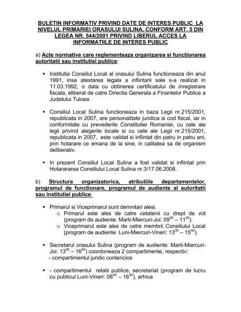 Buletin informativ privind date de interes public la - Primaria Sulina