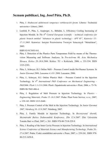 Seznam publikací, Ing. Josef Půta, Ph.D. - Technická univerzita v ...