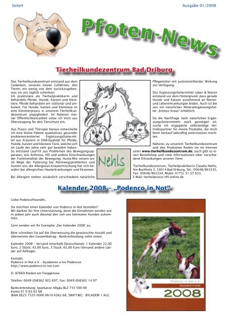Pfoten-News Tierheilkundezentrum Bad Driburg Kalender 2008