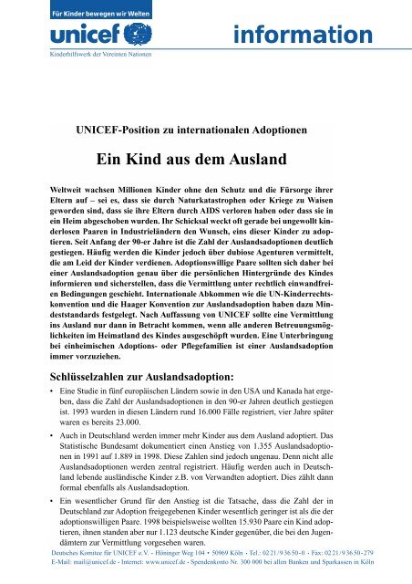 Schlüsselzahlen zur Auslandsadoption - Unicef