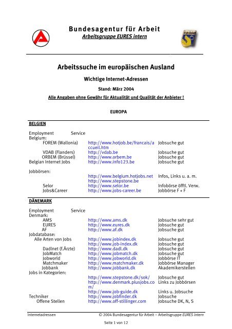 Bundesagentur für Arbeit Arbeitssuche im europäischen Ausland