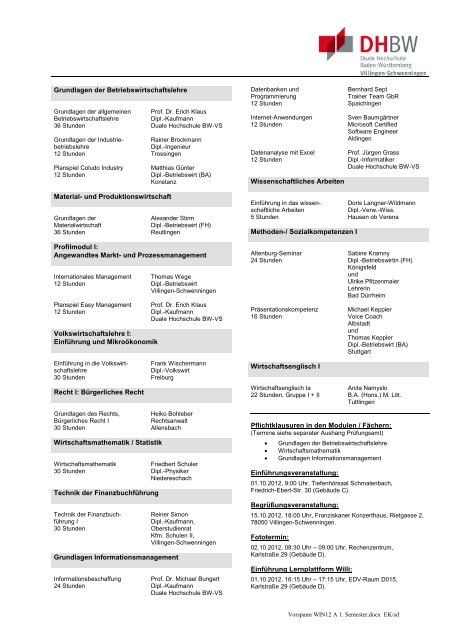 Kurseinteilung WIN 2012 A - DHBW Villingen-Schwenningen
