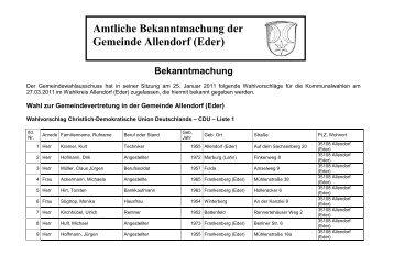 Amtliche Bekanntmachung der Gemeinde Allendorf (Eder)