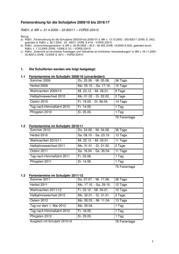 Ferien Niedersachsen bis 2017