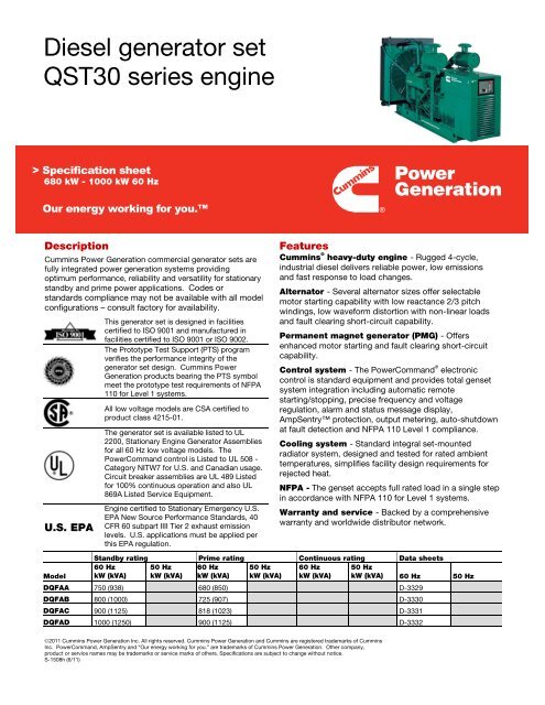 Diesel generator set QST30 series engine - Cummins Inc.