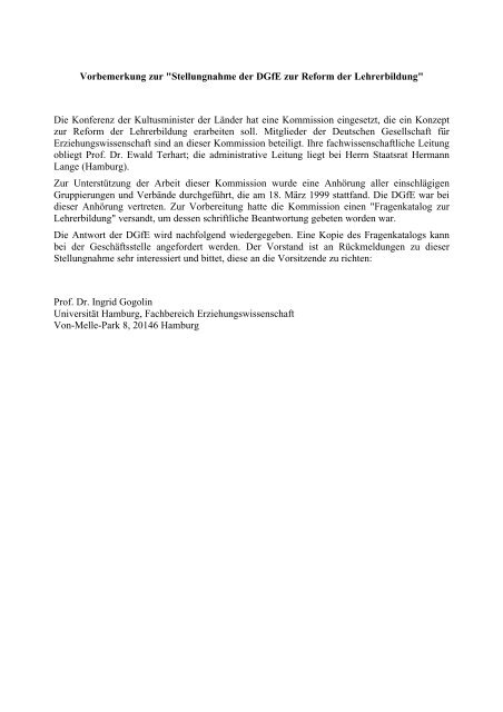 Stellungnahme der DGfE zum "Fragenkatalog Lehrerbildung" der KMK