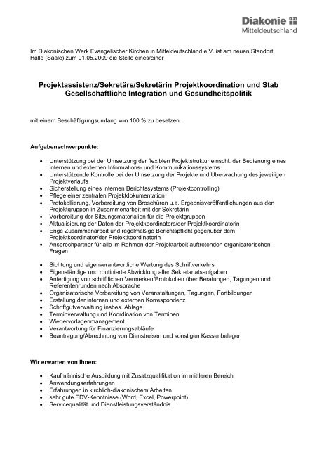 Projektassistenz/Sekretärs/Sekretärin Projektkoordination und Stab ...