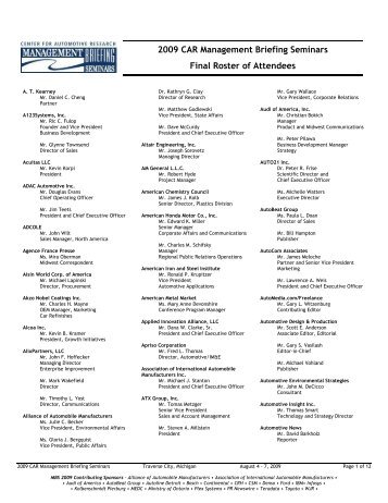 2009 CAR Management Briefing Seminars Final Roster of Attendees