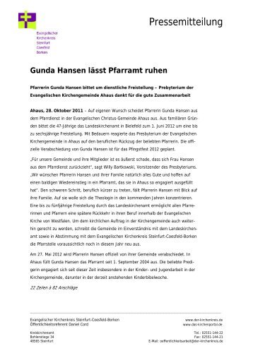 Gunda Hansen lässt Pfarramt ruhen - Ev. Kirchenkreis Steinfurt ...