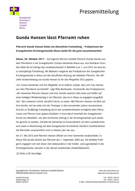 Gunda Hansen lässt Pfarramt ruhen - Ev. Kirchenkreis Steinfurt ...