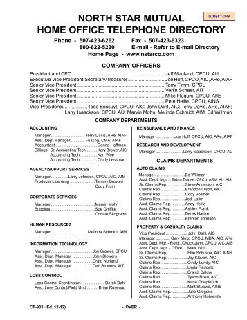 North Star MUtUaL hoMe office teLephoNe directory