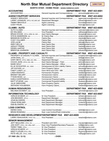 North Star Mutual Department Directory