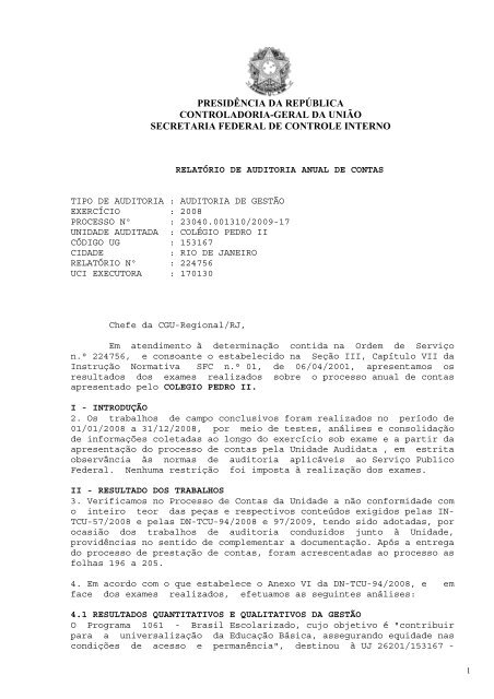Relatório de Auditoria Exercício 2008 - Colégio Pedro II