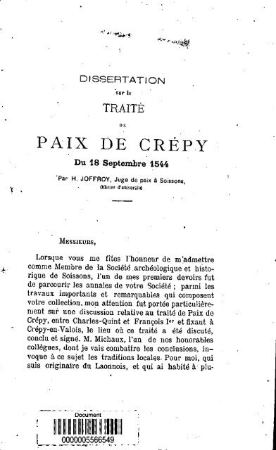 Dissertation sur le traite de paix de Crepy du 18 septembre 1544