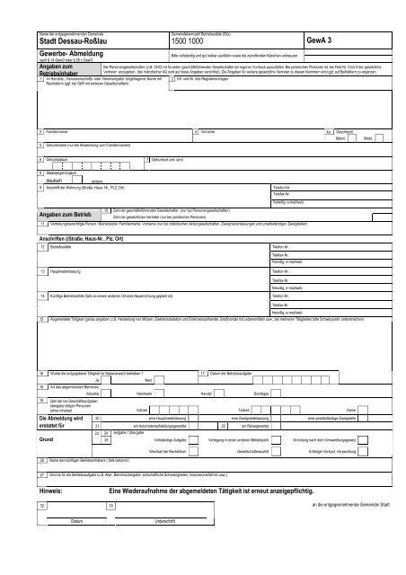 Gewerbeabmeldung GewA 3 mit Beiblatt - Dessau