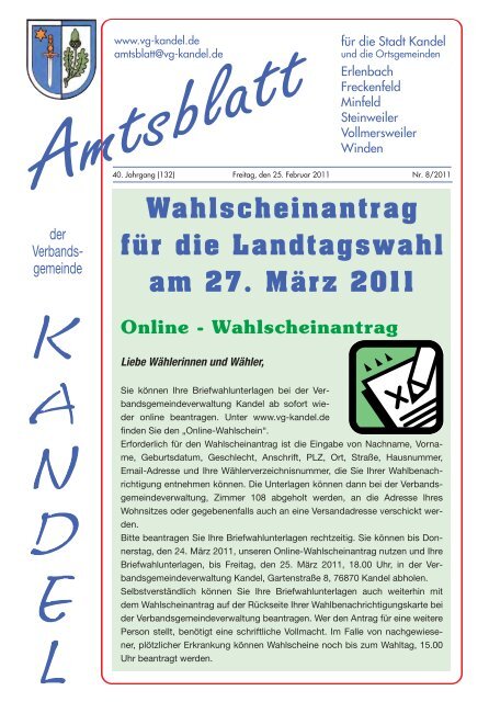Wahlscheinantrag für die Landtagswahl am 27. März 2011 Online