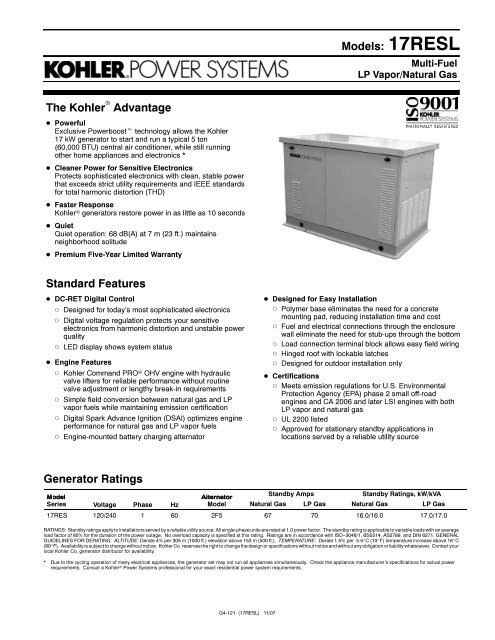 Models: 17RESL The Kohler Advantage Standard Features ...