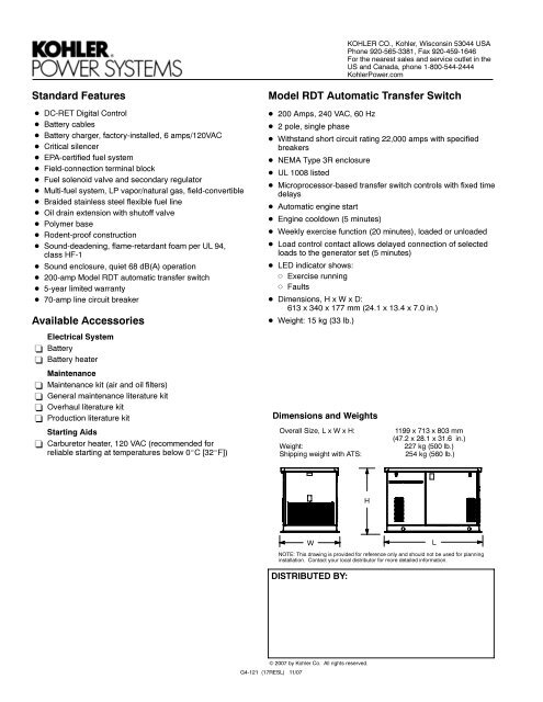 Models: 17RESL The Kohler Advantage Standard Features ...