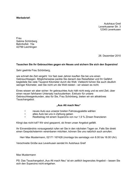 Werbebrief Autohaus Greil Leverkusener Str 3 12345 Leverkusen