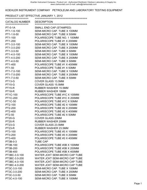 Koehler Instruments Company - Clarkson Laboratory and Supply