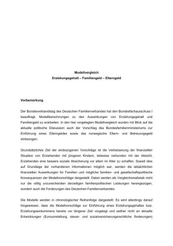 Modellvergleich Erziehungsgehalt Ã¢ÂÂ Familiengeld Ã¢ÂÂ Elterngeld ...