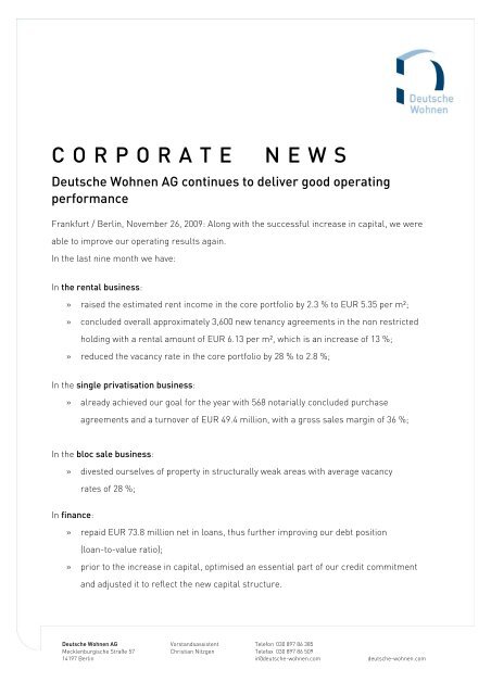 Corporate News Deutsche Wohnen Ag Continues To Deliver