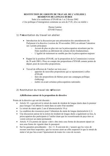 RESTITUTION DU GROUPE DE TRAVAIL DE L'ATELIER 2 ... - Horus