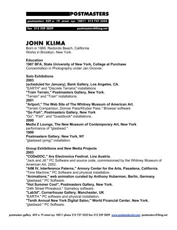 JOHN KLIMA - Postmasters Gallery
