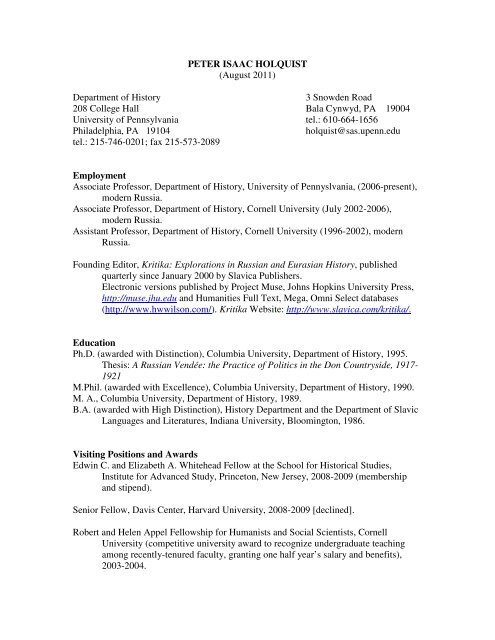 PETER ISAAC HOLQUIST - Department of History - University of ...